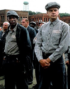 Morgan Freeman as Red, and Tim Robbins as Andy, in The Shawshank Redemption.