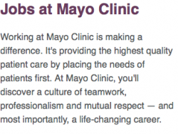 Note the phrase "life-changing career" in this screenshot from the careers page. Mayo Clinic uses that phrase throughout its career-site and other advertising.