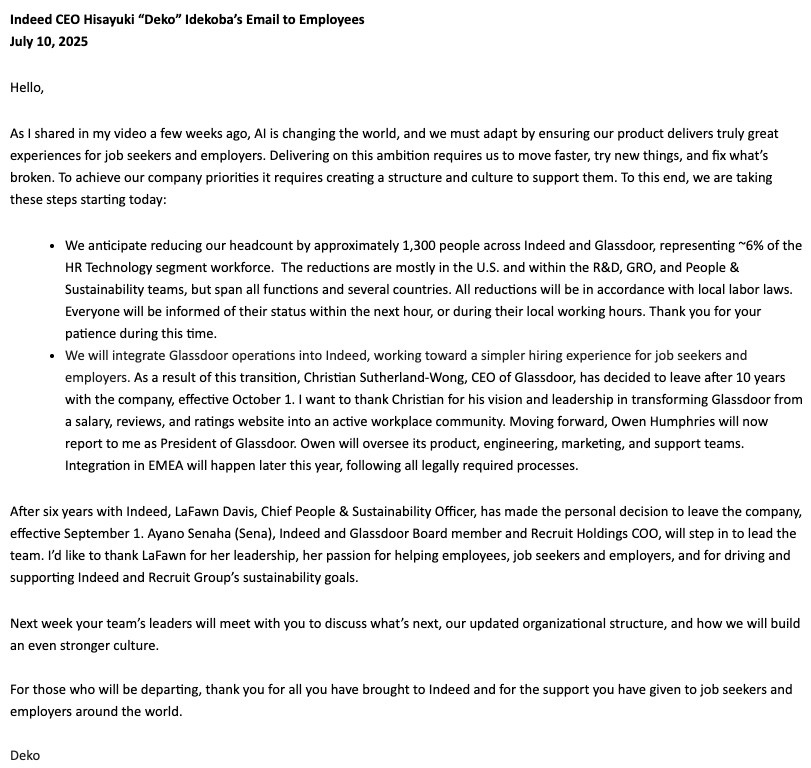 Indeed & Glassdoor layoff letter